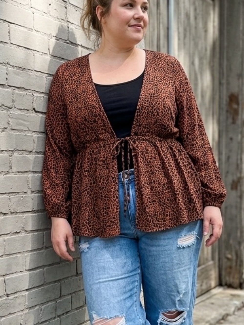 Torrid Cheetah Crepe Tie Front Kimono Brown Black 1x